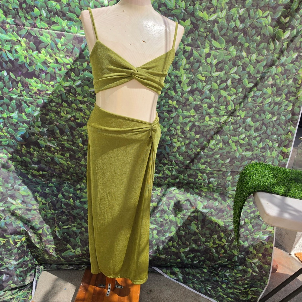 Shein Olive Green Metallic Shimmer 2 Piece Set Twist Crop Top Midi Skirt Medium